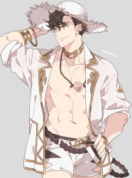 Rule 34 | 1boy, alternate costume, bracelet, brown hair, closed mouth, ear piercing, granblue fantasy, green eyes, hat, jacket, jewelry, lobelia (granblue fantasy), male focus, mame lde, navel, necklace, open clothes, open jacket, pectorals, piercing, short hair, shorts, simple background, smile, solo, straw hat, toned, toned male, upper body, white jacket, white shorts