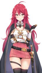 Rule 34 | 1girl, :q, ahoge, belt, cape, cermia (epic seven), coin, epic seven, highres, holding, holding coin, kaetzchen, long hair, looking at viewer, red hair, sword, thigh strap, thighhighs, tongue, tongue out, weapon, yellow eyes
