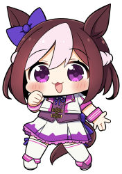 Rule 34 | 1girl, animal ears, asymmetrical footwear, backpack, bag, blush, bow, brown footwear, brown hair, chibi, clenched hand, ear bow, horse ears, horse girl, horse tail, jacket, mismatched footwear, multicolored hair, open mouth, plover, purple background, purple eyes, simple background, skirt, smile, solo, special week (umamusume), streaked hair, tail, thighhighs, umamusume, white background, white footwear, white jacket, white skirt, white thighhighs