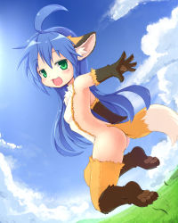 Rule 34 | 00s, 1girl, ahoge, animal ears, animal hands, ass, barefoot, blue hair, breasts, fangs, feet, female focus, fox, full body, grass, green eyes, izumi konata, kagerofu, looking at viewer, lucky star, mole, nature, nude, outdoors, pawpads, sky, soles, solo, tail, toes, zenra