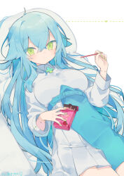 Rule 34 | 1girl, belt, belt buckle, blue belt, blue hair, breasts, buckle, closed mouth, collared shirt, commission, copyright request, dotted line, food, green eyes, green nails, hair between eyes, heart, highres, holding, holding food, long hair, long sleeves, looking at viewer, lying, medium breasts, nail polish, on back, pleated skirt, pocky, puffy long sleeves, puffy sleeves, shirt, simple background, skeb commission, skirt, solo, very long hair, white background, white shirt, white skirt, yuzuki gao