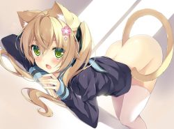 Rule 34 | 1girl, all fours, animal ears, ass, bad id, bad pixiv id, bent over, blonde hair, blush, bottomless, cat ears, cat tail, commentary request, fang, flower, green eyes, hair flower, hair ornament, hair ribbon, long hair, long sleeves, looking at viewer, masushita, no panties, no pants, open mouth, original, ribbon, school uniform, serafuku, solo, tail, thighhighs, top-down bottom-up, twintails, white thighhighs