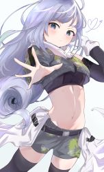 Rule 34 | 1girl, :|, absurdres, arm behind head, belt, black belt, black shirt, black sleeves, black thighhighs, blue eyes, closed mouth, collared vest, crop top, detached sleeves, gloves, grey hair, grey shorts, grey vest, groin, heart, highres, idolmaster, idolmaster million live!, long hair, long sleeves, looking at viewer, navel, ooho0216, open hand, outstretched hand, shiraishi tsumugi, shirt, shorts, single glove, solo, thighhighs, vest, white background, white gloves