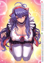 Rule 34 | 1girl, blue hair, blush, bow, breasts, calendar, choker, cleavage, comic unreal, covered erect nipples, frills, hair bow, hairband, high heels, highres, huge breasts, kneeling, large breasts, long hair, maid, mogudan, nipples, puffy nipples, red eyes, ribbon, see-through, shoes, smile, solo, sweat, thighhighs, very long hair, white thighhighs