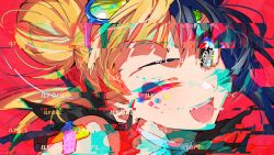 Rule 34 | 1girl, bandaid, bandaid on face, bandaid on forehead, black hair, blonde hair, chromatic aberration, crossed bandaids, glitch, hair bun, looking at viewer, mika pikazo, multicolored hair, one eye closed, open mouth, original, portrait, red background, second-party source, simple background, smile, solo, split-color hair, teeth, two-tone hair, upper teeth only