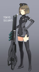 Rule 34 | 1girl, alice gear aegis, asano (alice gear aegis), bob cut, boots, breasts, brown eyes, brown hair, commentary, english text, full body, garrison cap, gradient background, gun, hands on own hips, hat, midriff, navel, purple background, rifle, shimada fumikane, short hair, simple background, small breasts, smile, sniper rifle, solo, standing, thighhighs, weapon