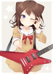 Rule 34 | 1girl, ;), bang dream!, blush, bow, brown dress, brown hair, closed mouth, collarbone, cone hair bun, cowboy shot, dress, electric guitar, grey background, guitar, hair bun, hair ornament, hanasakigawa school uniform, hand up, highres, index finger raised, instrument, komomo (ptkrx), long sleeves, looking at viewer, ok sign, one eye closed, outstretched arm, pleated dress, purple eyes, red bow, sailor collar, sailor dress, school uniform, smile, solo, star (symbol), star hair ornament, starry background, toyama kasumi, two-tone background, white background, white sailor collar