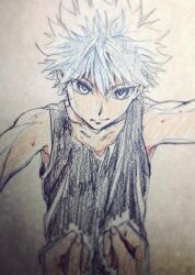 Rule 34 | 1boy, black tank top, closed mouth, commentary request, fingernails, hunter x hunter, kabedon, killua zoldyck, looking at viewer, niuya, pov, short hair, tank top, traditional media, upper body, white hair