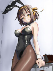 Rule 34 | 1girl, absurdres, animal ears, artist name, black bow, black bowtie, black leotard, bob cut, bow, bowtie, breasts, brown eyes, brown hair, brown pantyhose, chair, closed mouth, commentary, covered navel, desk, detached collar, english commentary, fake animal ears, hairband, highres, large breasts, leotard, looking at viewer, medium hair, mishiku, official alternate costume, pantyhose, playboy bunny, rabbit ears, ribbon, school chair, school desk, smile, solo, suzumiya haruhi, suzumiya haruhi no yuuutsu, twitter username, watermark, wrist cuffs, yellow hairband, yellow ribbon