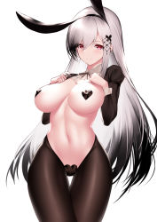 Rule 34 | 1girl, absurdres, an yasuri, animal ears, azur lane, black pantyhose, breasts, brown pantyhose, cameltoe, cleavage, commentary, cowboy shot, dunkerque (azur lane), fake animal ears, gradient hair, hairband, hands up, heart maebari, heart pasties, highres, large breasts, long hair, long sleeves, looking at viewer, maebari, meme attire, multicolored hair, navel, pantyhose, pasties, rabbit ears, red eyes, reverse bunnysuit, reverse outfit, revision, shrug (clothing), silver hair, simple background, smile, solo, standing, stomach, thigh gap, very long hair, white background