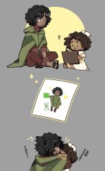 Rule 34 | 1boy, 1girl, aged down, brown hair, bruno madrigal, child, child&#039;s drawing, crayon, curly hair, dark-skinned female, dark-skinned male, dark skin, drawing, drawing (object), dress, encanto, glasses, highres, holding, holding drawing, hourglass, hug, indian style, mirabel madrigal, paper, poncho, simple background, sitting, sweetp247, uncle and niece