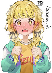 1girl :o absurdres blonde_hair blush braid commentary_request fang fujita_kotone gakuen_idolmaster highres holding holding_own_hair idolmaster jacket long_hair looking_at_viewer multicolored_jacket nao_fb nose_blush shirt simple_background skin_fang solo squiggle sweat translation_request twin_braids upper_body white_background yellow_eyes yellow_shirt