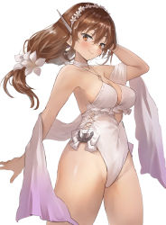 Rule 34 | 1girl, anchor ornament, ashigara (kancolle), brown eyes, brown hair, casual one-piece swimsuit, choker, cosplay, criss-cross halter, earrings, flower, food-themed earrings, food themed earrings, frilled one-piece swimsuit, frilled swimsuit, frills, hair flower, hair ornament, hairband, halterneck, highleg, highleg swimsuit, highres, jewelry, kantai collection, lemon earrings, long hair, looking at viewer, low-tied long hair, one-piece swimsuit, sagiri (kancolle), sagiri (kancolle) (cosplay), shawl, side-tie swimsuit, simple background, solo, standing, swimsuit, toka (marchlizard), wavy hair, white background, white choker, white one-piece swimsuit, white shawl