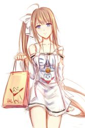 Rule 34 | 1girl, ahoge, bag, bare shoulders, blue eyes, breasts, brown hair, closed mouth, collarbone, detached sleeves, dress, fal (girls&#039; frontline), feet out of frame, girls&#039; frontline, hair ribbon, handbag, highres, holding, jewelry, long hair, looking at viewer, medium breasts, pendant, ribbon, simple background, smile, solo, standing, thighs, very long hair, white background, white dress, white ribbon, xing muhen