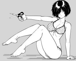 Rule 34 | 1girl, absurdres, barefoot, bb (baalbuddy), bikini, black hair, breasts, cleavage, commentary, english commentary, full body, greyscale, hair over one eye, highres, holding, holding scissors, knees up, large breasts, looking at viewer, monochrome, nazo no kanojo x, o-ring, o-ring bikini, scissors, short hair, sitting, solo, swimsuit, urabe mikoto