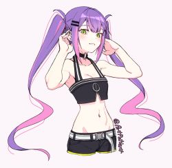 Rule 34 | 1girl, armpits, artpatient, bare arms, belt, black shorts, blush, breasts, buckle, choker, cleavage, colored inner hair, cropped legs, ear piercing, green eyes, grey background, grin, hair ornament, hairclip, highres, hololive, long hair, looking at viewer, midriff, multicolored hair, navel, navel piercing, o-ring, o-ring choker, piercing, pink hair, purple hair, shorts, simple background, small breasts, smile, snap-fit buckle, solo, stomach, tokoyami towa, twintails, twitter username, virtual youtuber