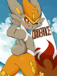 Rule 34 | ;d, alternate color, animal focus, brown eyes, rabbit, character name, cinderace, commentary request, creature, creatures (company), furry, game freak, gen 8 pokemon, highres, minamo (pixiv17726065), nintendo, one eye closed, open mouth, pokemon, pokemon (creature), shiny pokemon, smile, solo, surfboard