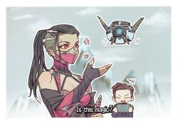 Rule 34 | +++, 1boy, 1girl, bare shoulders, black gloves, black hair, bodysuit, breasts, cleavage, closed eyes, commentary, controller, drone, english commentary, english text, fingerless gloves, gloves, gretia, holding, holding controller, johnny cage, long hair, mask, medium breasts, mileena (mortal kombat), mortal kombat (series), mortal kombat 1 (2023), mouth mask, ninja, ninja mask, open mouth, orange eyes, outdoors, outline, ponytail, scar, scar on face, short hair, snowing, undercut, upper body, v-shaped eyebrows, white outline