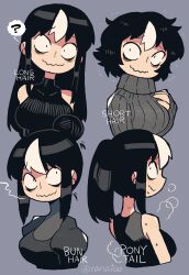 Rule 34 | 1girl, ?, absurdres, black hair, black shirt, breasts, commentary, constricted pupils, english commentary, english text, grey sweater, hair bun, highres, long hair, medium breasts, mixed-language commentary, multicolored hair, multiple views, noss (rariatto), original, ponytail, rariatto (ganguri), shirt, short hair, sidelocks, sleeveless, sleeveless shirt, spoken question mark, streaked hair, sweater, twitter username, wavy mouth, white hair