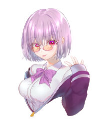 Rule 34 | 1girl, :p, absurdres, blush, bow, breasts, commentary request, dress shirt, eyelashes, eyes visible through hair, glasses, gridman universe, hair between eyes, hand up, highres, jacket, large breasts, light purple hair, looking at viewer, off shoulder, pink-framed eyewear, pink bow, purple jacket, red eyes, semi-rimless eyewear, shinjou akane, shirt, short hair, simple background, sleeves past wrists, smirk, solo, ssss.gridman, straight hair, tongue, tongue out, upper body, white background, white shirt, zuzuhashi