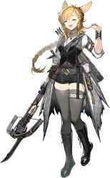 Rule 34 | 1girl, aged up, animal ears, arknights, arrow (projectile), bayonet, belt buckle, belt pouch, boots, bow (weapon), bracelet, braid, braided ponytail, buckle, closed eyes, cross-laced footwear, crossbow, jewelry, kroos (arknights), kroos the keen glint (arknights), lace-up boots, long hair, official alternate costume, official art, pouch, quiver, rabbit ears, rabbit girl, solo, thighhighs, transparent background, weapon
