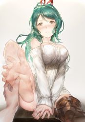 Rule 34 | 10s, 1girl, aos, bare shoulders, barefoot, blush, boots, breasts, collarbone, dress, feet, foot focus, holding with feet, granblue fantasy, green hair, hands on feet, herja, holding another&#039;s foot, looking at viewer, out of frame, ponytail, pov, pov hands, ribbon, shoes, single boot, single shoe, single thighhigh, soles, solo focus, spread toes, sweat, sweater, sweater dress, tearing up, tears, thigh boots, thighhighs, toes, v arms, yellow eyes