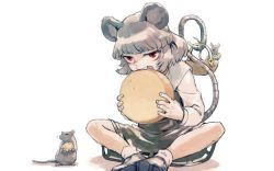 1girl animal animal_ears basket cheese cheese_wheel dress eating food grey_hair looking_at_viewer meimaru_inuchiyo mouse_(animal) mouse_ears mouse_tail nazrin red_eyes short_hair sitting tail touhou white_background