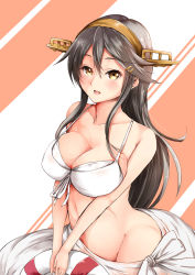 Rule 34 | 10s, 1girl, bikini, black hair, blush, breast suppress, breasts, collarbone, front-tie bikini top, front-tie top, hair ornament, hairclip, haruna (kancolle), headgear, highres, kantai collection, large breasts, lifebouy, lifebuoy, long hair, looking at viewer, open mouth, sarong, sezok, solo, striped, striped background, swim ring, swimsuit, teeth, upper body, yellow eyes