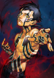 Rule 34 | 1boy, atlus, black hair, closed mouth, full-body tattoo, hand up, demi-fiend, hungry clicker, male focus, muscular, navel, outstretched arm, pale skin, pectorals, sega, shin megami tensei, shin megami tensei iii: nocturne, shorts, solo, standing, tattoo, topless male, yellow eyes