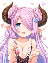 Rule 34 | 1girl, bikini, blue eyes, blush, breasts, cleavage, collarbone, draph, earrings, granblue fantasy, hair over one eye, heart, heart-shaped pupils, highres, horns, jewelry, light purple hair, long hair, looking at viewer, medium breasts, narmaya (granblue fantasy), narmaya (summer) (granblue fantasy), open mouth, pointy ears, simple background, smile, solo, spoon, swimsuit, symbol-shaped pupils, tomo (tmtm mf mf), upper body, white background, white bikini