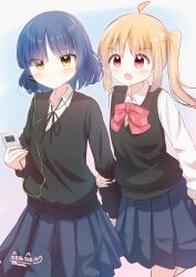 Rule 34 | 2girls, absurdres, ahoge, artist name, black sweater, blonde hair, blue hair, blunt bangs, bocchi the rock!, bow, bowtie, breasts, brown eyes, cellphone, closed mouth, collared shirt, haruiroha, highres, holding, holding another&#039;s arm, ijichi nijika, long hair, looking at another, medium hair, multiple girls, neck ribbon, open mouth, phone, pleated skirt, red bow, ribbon, school uniform, scrunchie, shirt, side ponytail, sidelocks, signature, simple background, skirt, sleeves past wrists, small breasts, smartphone, sweater, sweater vest, walking, yamada ryo, yellow eyes
