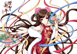 Rule 34 | 10s, 1girl, 2016, absurdres, bad id, bad pixiv id, beads, breasts, brown hair, china dress, chinese clothes, chinese new year, chinese text, cleavage, cleavage cutout, clothing cutout, contrapposto, die ying, dress, flower, folding fan, fur trim, hair beads, hair flower, hair ornament, hair rings, hand fan, highres, long hair, makeup, medium breasts, nail polish, original, red eyes, red nails, scarf, simple background, smile, solo, standing, translation request, very long hair, white background, wrist cuffs