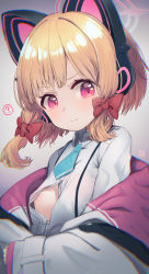 Rule 34 | 1girl, ?, animal ear headphones, animal ears, areola slip, blonde hair, blue archive, blue necktie, blush, bow, breasts, cat ear headphones, cat tail, closed mouth, collared shirt, fake animal ears, hair bow, halo, headphones, highres, hood, hooded jacket, jacket, looking at viewer, momoi (blue archive), multicolored clothes, multicolored jacket, necktie, open clothes, parted bangs, pink eyes, saebashi, school uniform, shirt, small breasts, solo, suspenders, sweat, tail, thighhighs, wide sleeves