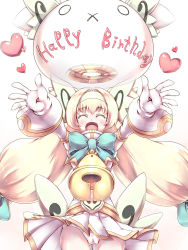 Rule 34 | 1girl, :d, ^ ^, aqua bow, blazblue, blonde hair, blush, bow, elbow gloves, english text, closed eyes, gloves, gluteal fold, hairband, halo, happy birthday, o o, open mouth, outstretched arms, panties, platinum the trinity, pleated skirt, skirt, smile, solo, twintails, underwear, white background, white gloves, white panties, white skirt, yui (imprinting)