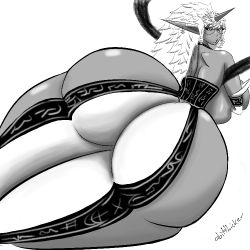 Rule 34 | ass, ass focus, back, breasts, demon horns, demon princess osumihime (ramia-yana), greyscale, horns, huge ass, large breasts, monochrome, monster girl, open pants, pants, ramia-yana