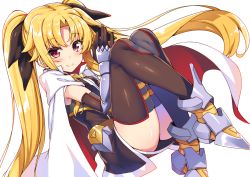 Rule 34 | 1girl, absurdres, armored boots, black bow, black gloves, black sleeves, blonde hair, blush, boots, bow, cape, elbow gloves, fate testarossa, fate testarossa (blaze iii), floating hair, gloves, hair bow, highres, long hair, looking at viewer, lyrical nanoha, mahou shoujo lyrical nanoha, mahou shoujo lyrical nanoha a&#039;s, own hands together, raiou, red eyes, short sleeves, simple background, sitting, smile, solo, very long hair, white background, white cape