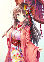 Rule 34 | 1girl, akashio (loli ace), blush, bow, breasts, brown bow, brown hair, chinese zodiac, closed mouth, commentary request, crescent, crescent hair ornament, fingernails, floral print, flower, green eyes, hair between eyes, hair bow, hair flower, hair ornament, haori, highres, holding, holding umbrella, japanese clothes, kimono, long hair, long sleeves, looking at viewer, medium breasts, obi, oil-paper umbrella, original, pig hair ornament, pink flower, pink kimono, print kimono, red flower, red umbrella, sash, smile, solo, umbrella, very long hair, white background, white flower, wide sleeves, year of the pig