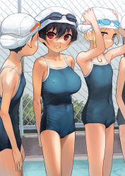 Rule 34 | 4girls, black hair, blonde hair, blue one-piece swimsuit, blush, breasts, child, collarbone, colored eyelashes, commentary request, covered erect nipples, covered navel, flat chest, goggles, goggles on head, hair between eyes, highres, kaedeko (kaedelic), lady flat chest (kaedeko), large breasts, looking at another, multiple girls, one-piece swimsuit, oppai loli, original, red eyes, sasaki kanna (kaedeko), school swimsuit, smile, standing, swimsuit