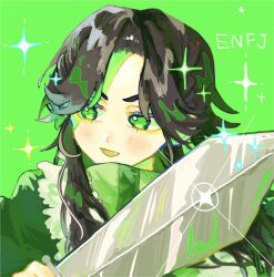 Rule 34 | ambiguous gender, black hair, blush, fang, glint, green background, green eyes, green theme, highres, holding, holding sword, holding weapon, long hair, michi0ru, myers-briggs type indicator, original, parted lips, shadow, smile, solo, sword, upper body, weapon