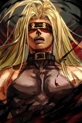 Rule 34 | 1boy, arc system works, bare shoulders, belt collar, blindfold, blonde hair, collar, covered eyes, detached sleeves, facing viewer, guilty gear, hungry clicker, long hair, male focus, muscular, open mouth, solo, upper body, zato-1