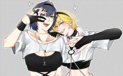 Rule 34 | 2girls, alternate costume, black choker, black gloves, black hair, blonde hair, blue eyes, blush, breasts, choker, cleavage, collarbone, commentary, earrings, elbow gloves, english commentary, gloves, grey background, grin, hair between eyes, hair intakes, hand on another&#039;s shoulder, heart, highres, hololive, hololive english, hololive indonesia, jewelry, kaela kovalskia, large breasts, looking at viewer, matching outfits, midriff, multiple girls, necklace, notziegler, open mouth, ouro kronii, partially fingerless gloves, red eyes, short hair, smile, sparkle, upper body, virtual youtuber