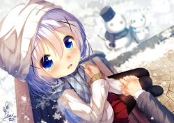 Rule 34 | 1girl, :d, animal ears, beanie, bench, black footwear, black pantyhose, blue eyes, blue hair, blurry, blurry background, blush, chinomaron, commentary request, depth of field, fake animal ears, gochuumon wa usagi desu ka?, grey jacket, grey scarf, hair between eyes, hair ornament, hat, holding hands, interlocked fingers, jacket, kafuu chino, long hair, long sleeves, looking at viewer, on bench, open mouth, out of frame, pantyhose, park bench, plaid, plaid scarf, pleated skirt, red skirt, scarf, shirt, shoes, signature, sitting, skirt, smile, snow, snowflakes, snowman, solo focus, very long hair, white headwear, white jacket, white shirt, x hair ornament