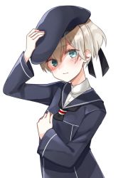 Rule 34 | 1girl, blue eyes, blush, clothes writing, dress, hat, kantai collection, katsuobushi (eba games), looking at viewer, sailor dress, sailor hat, short hair, silver hair, simple background, solo, upper body, white background, z1 leberecht maass (kancolle)