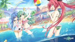 Rule 34 | 3girls, ball, bare arms, bare legs, bare shoulders, beach umbrella, beachball, bikini, blue eyes, blue hair, date a live, date a live: spirit pledge, day, green bikini, green eyes, green hair, highres, itsuka kotori, long hair, multiple girls, natsumi (date a live), official art, one-piece swimsuit, one eye closed, open mouth, palm tree, pink one-piece swimsuit, pool, rainbow, red eyes, red hair, smile, swimsuit, tree, umbrella, white one-piece swimsuit, yoshino (date a live), yoshinon