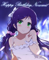 Rule 34 | 1girl, artist name, artist request, bare shoulders, blush, bow, collarbone, cronchi, dress, feathers, female focus, green eyes, hair bow, hair ornament, hair scrunchie, long hair, looking at viewer, love live!, love live! school idol project, nigh, night, night sky, parted lips, purple hair, purple scrunchie, scrunchie, sky, smile, solo, tojo nozomi, twintails, white bow, white dress, white feathers, white wrist cuffs, wrist cuffs