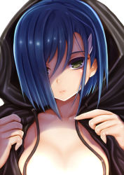 Rule 34 | 10s, 1girl, blue hair, breasts, closed mouth, collarbone, commentary request, darling in the franxx, expressionless, green eyes, hair ornament, hair over one eye, hairclip, highres, hood, hood up, ichigo (darling in the franxx), looking at viewer, medium breasts, shading eyes, short hair, solo, tears, teruru, upper body, white background