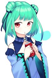Rule 34 | 1girl, blue ribbon, can, coca-cola, double bun, dress, drinking, drinking straw, gradient hair, green hair, hair bun, hair ornament, hair ribbon, highres, hololive, long sleeves, looking at viewer, multicolored hair, purple dress, red eyes, ribbon, signature, simple background, skull hair ornament, solo, upper body, uruha rushia, uruha rushia (1st costume), virtual youtuber, white background, wide sleeves, yoako
