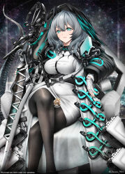 Rule 34 | 1girl, aqua eyes, aqua feathers, aqua nails, arknights, black feathers, black pantyhose, breasts, ceobe (arknights), dress, feathers, feet out of frame, fingerless gloves, fingernails, gloves, grey hair, head wings, highres, ho&#039;olheyak (arknights), infection monitor (arknights), looking at viewer, medium hair, pantyhose, scales, sitting, solo, tail, twitter username, white dress, white gloves, wings, yokaze (yokajie)