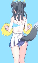 Rule 34 | 1girl, animal ears, ass, back, bare arms, bare shoulders, black hair, blue archive, cheerleader, cowboy shot, crop top, dog ears, dog tail, from behind, halo, hibiki (blue archive), hibiki (cheer squad) (blue archive), holding, holding pom poms, kumadano, long hair, millennium cheerleader outfit (blue archive), miniskirt, official alternate costume, panties, pleated skirt, pom pom (cheerleading), pom poms, purple panties, simple background, skirt, sleeveless, solo, standing, tail, underwear