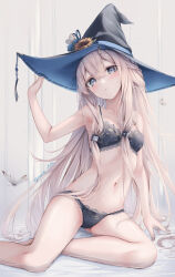 Rule 34 | 1girl, amane utata, black hat, blush, bug, butterfly, grey eyes, hat, highres, in water, insect, long hair, navel, original, solo, underwear, very long hair, white background, white hair, witch hat